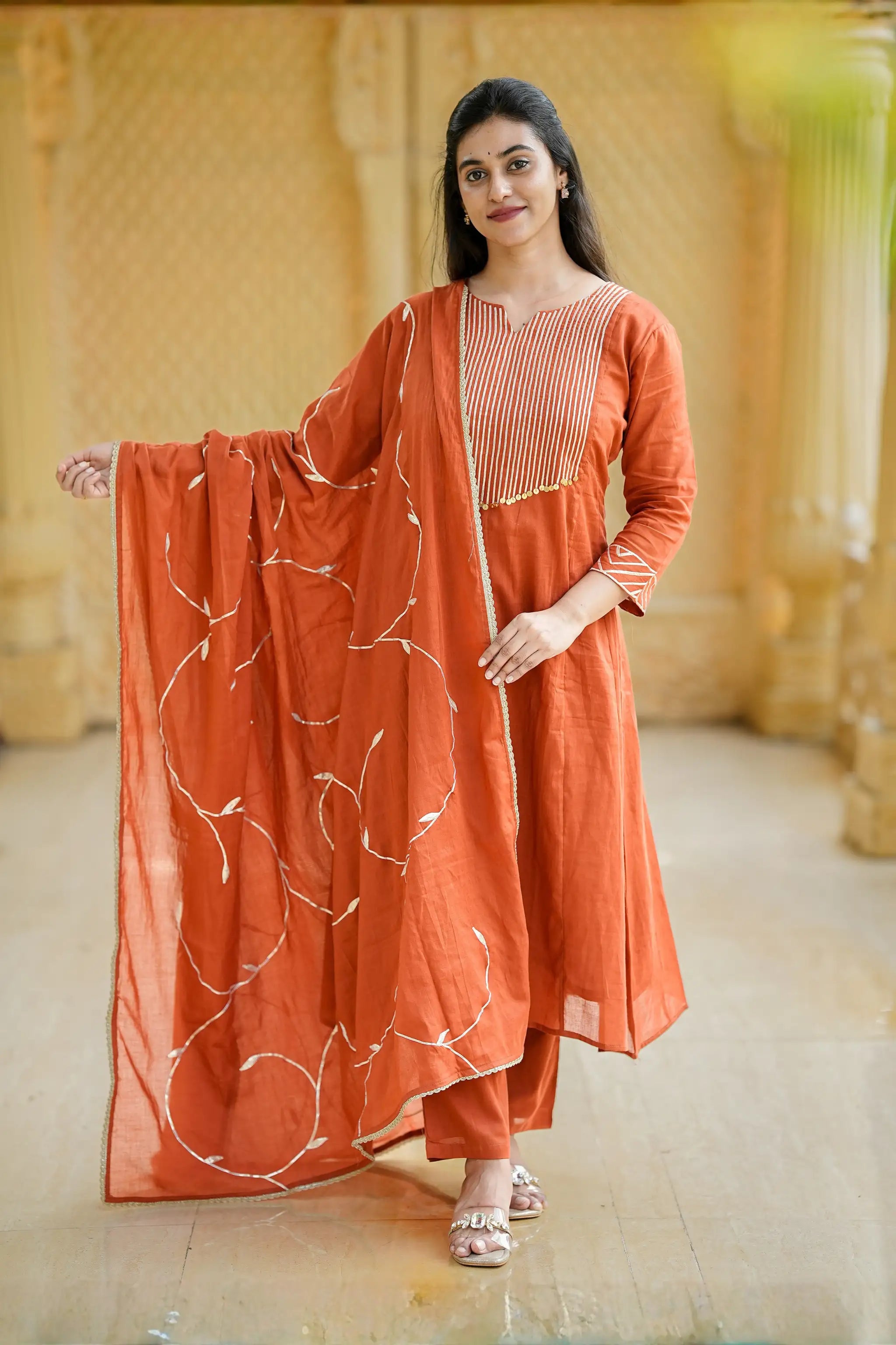 Rust Orange Gota Embroidered Cotton Suit Set