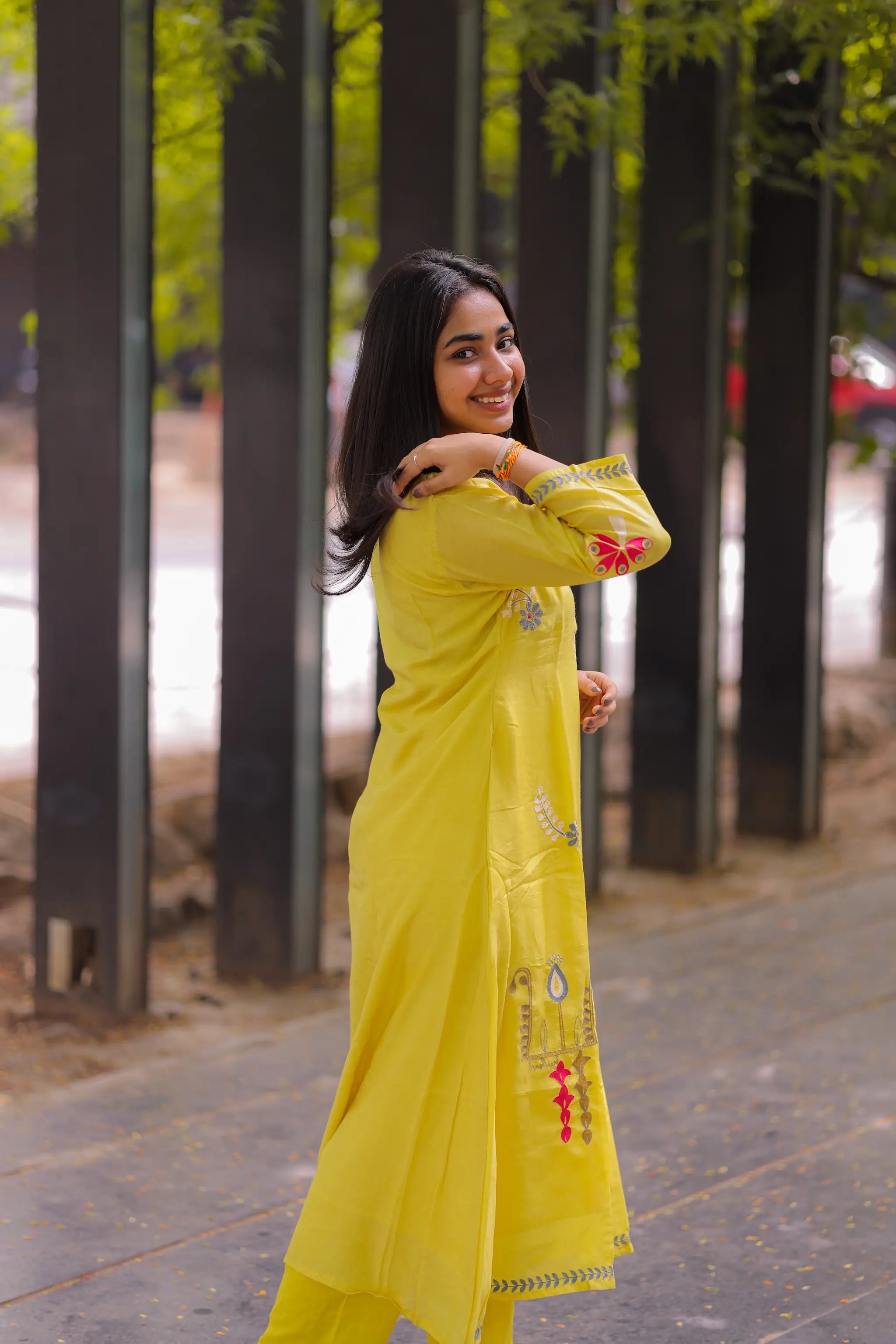 Yellow Mul Silk Thread Embroidered Kurti Set with Pants