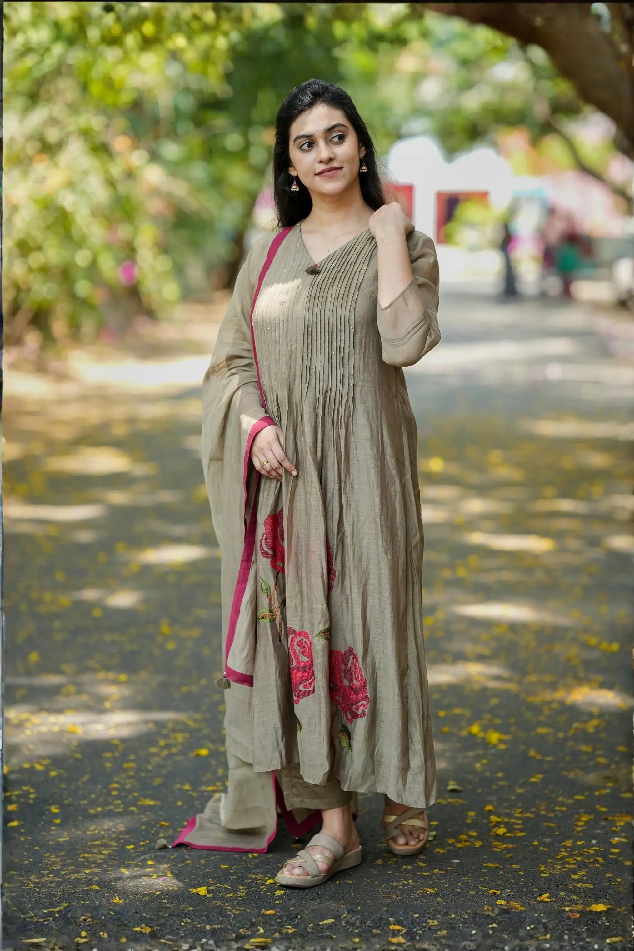 Olive Green Pearl Embroidery Mul Chanderi Suit Set