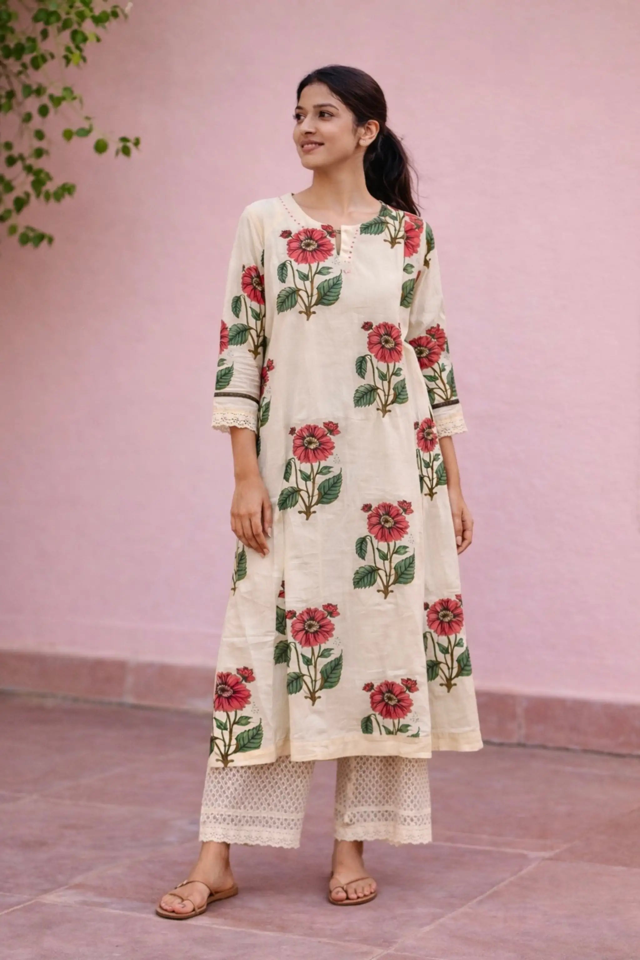 White Cotton Floral Printed Kurti Set