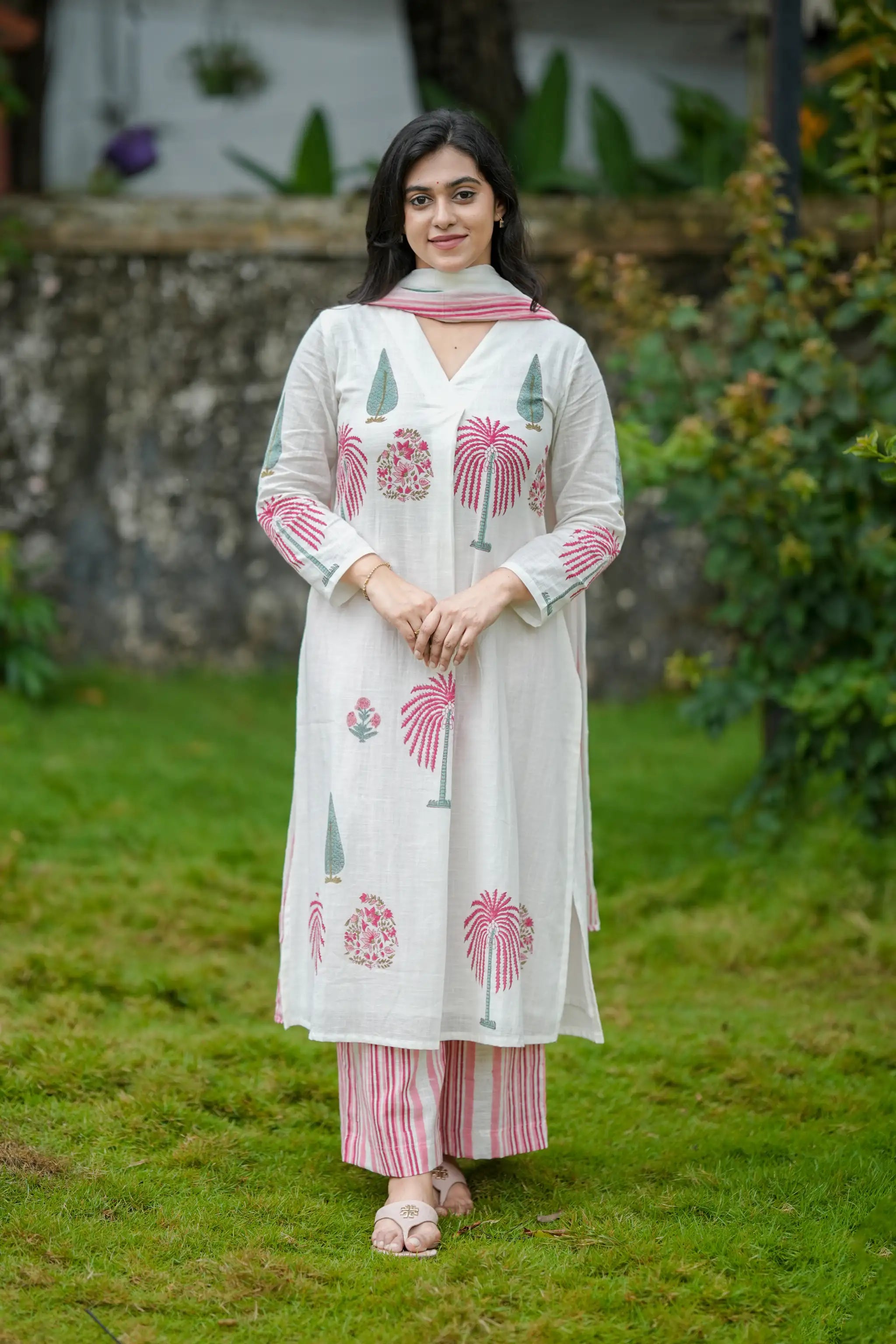 White Cotton Hand Block Printed Suit Set