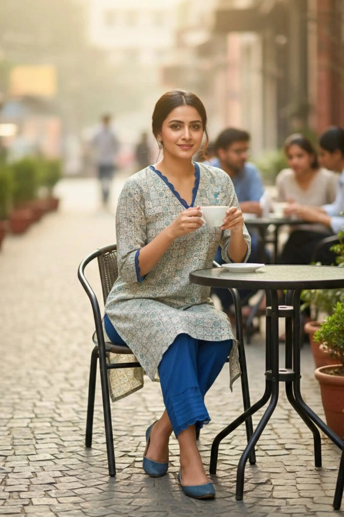 Woman sitting at an outdoor cafe table holding a cup, with a blurred street scene in the background.