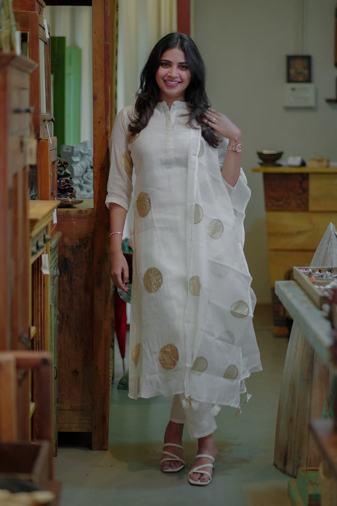 White Mul Chanderi Sequins Embroidery Suit Set