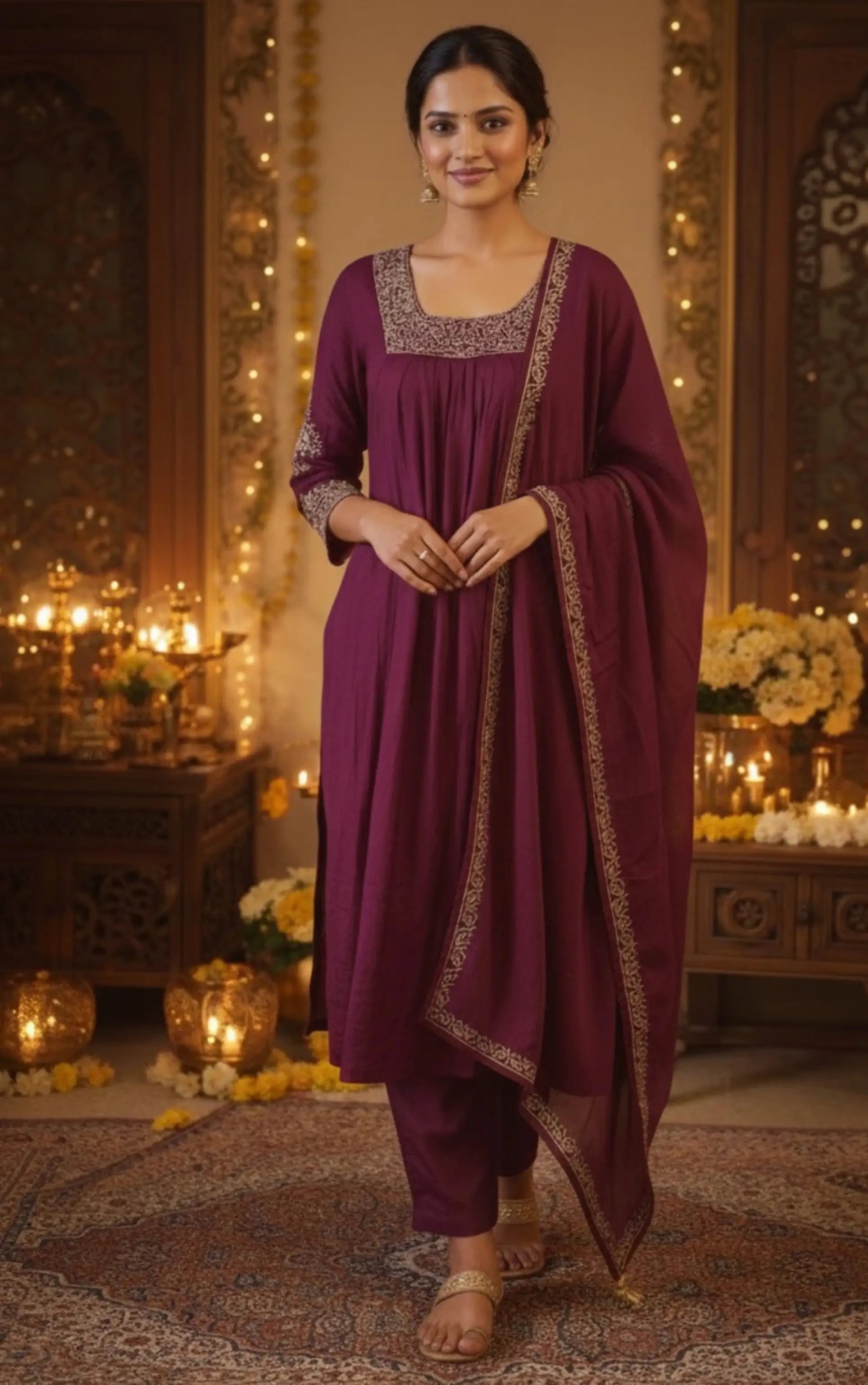 Wine Beads Embroidered Chinon Silk Suit Set