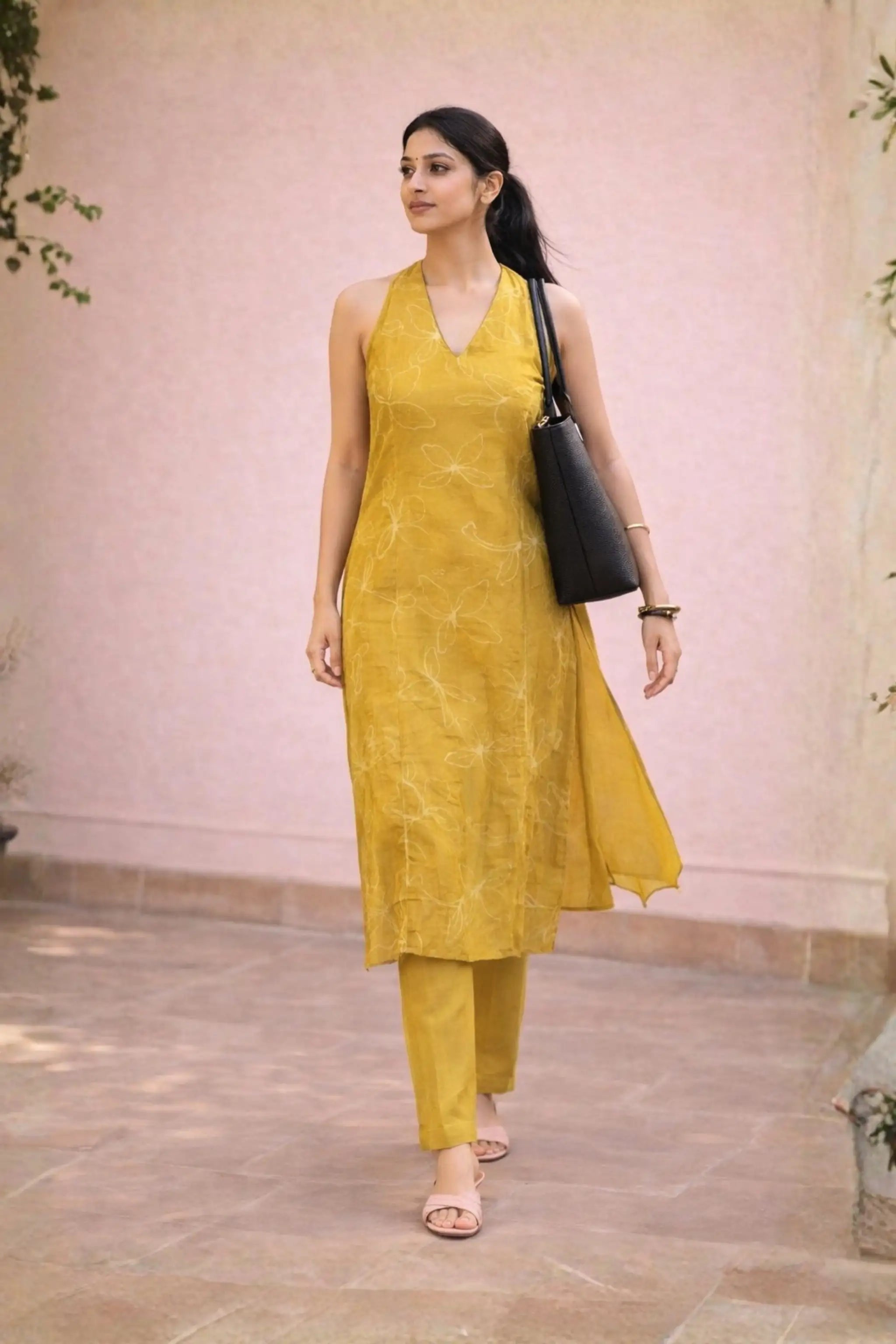 Woman in a yellow outfit holding a black bag against a pink wall.