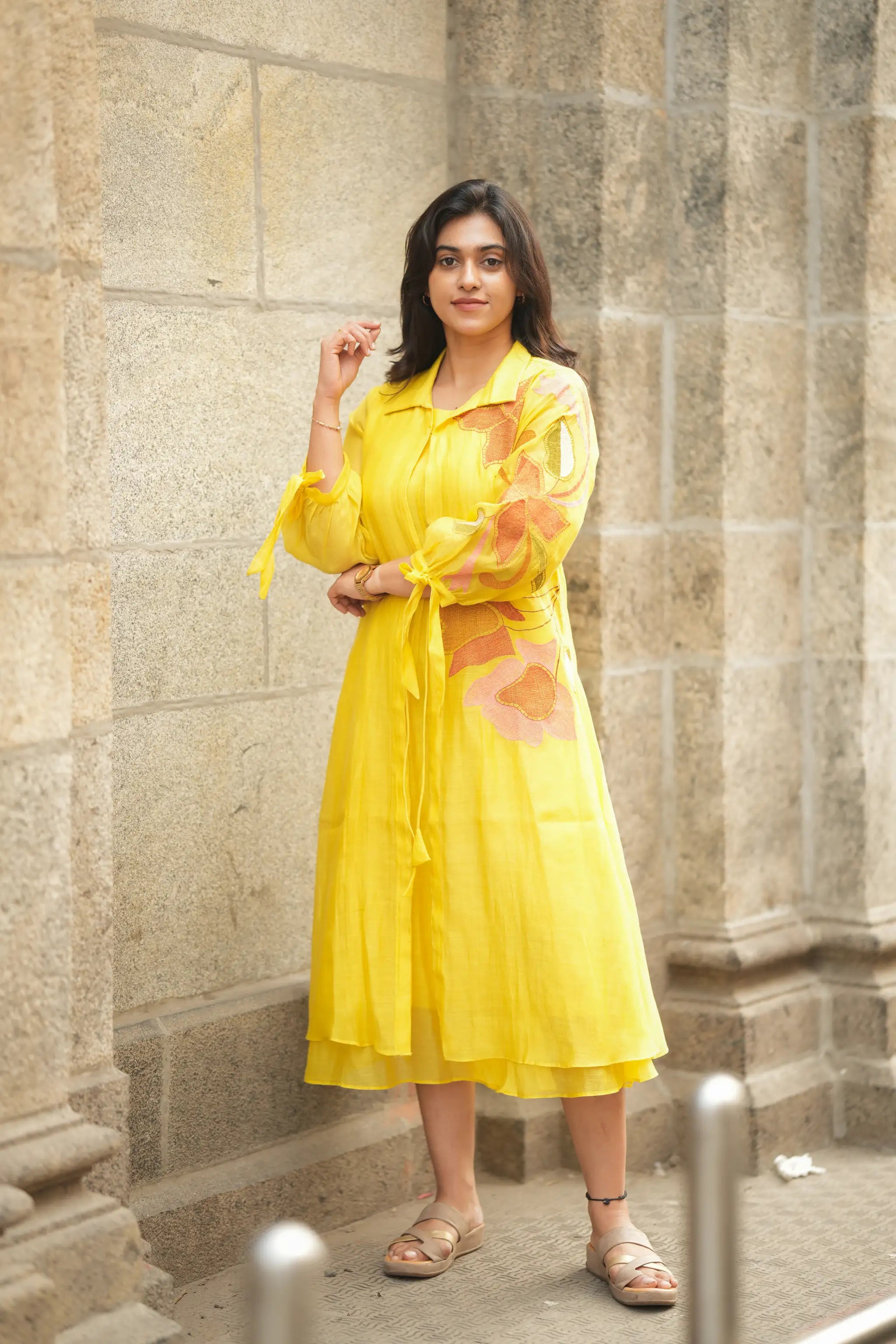 Yellow Embroidered Mul Chanderi Overcoat Dress