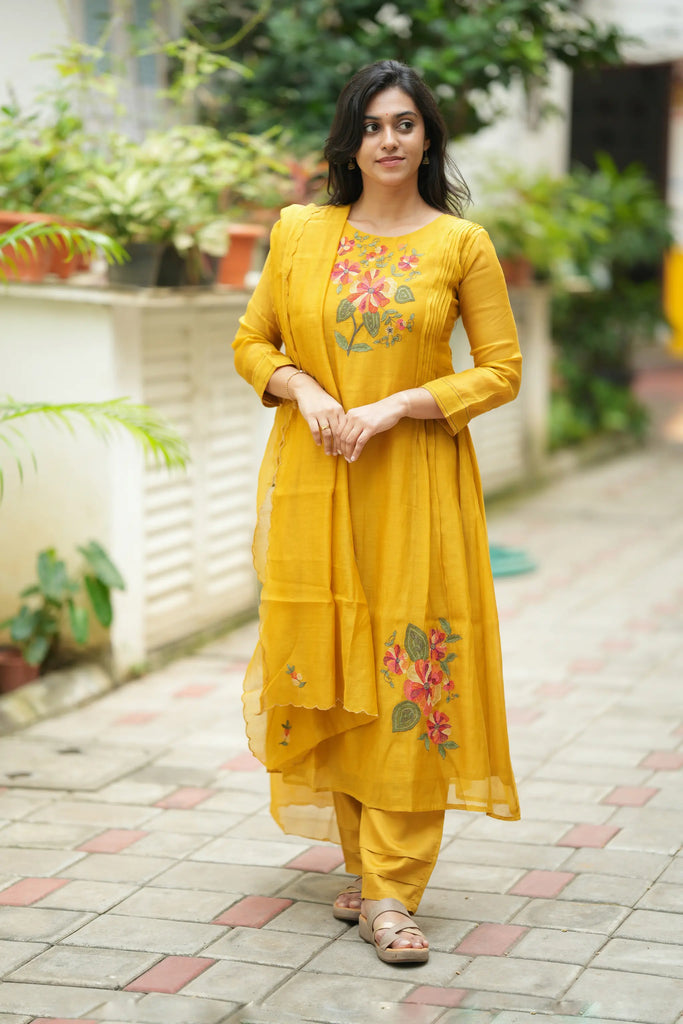 Yellow Floral Embroidered Mul Chanderi Suit Set