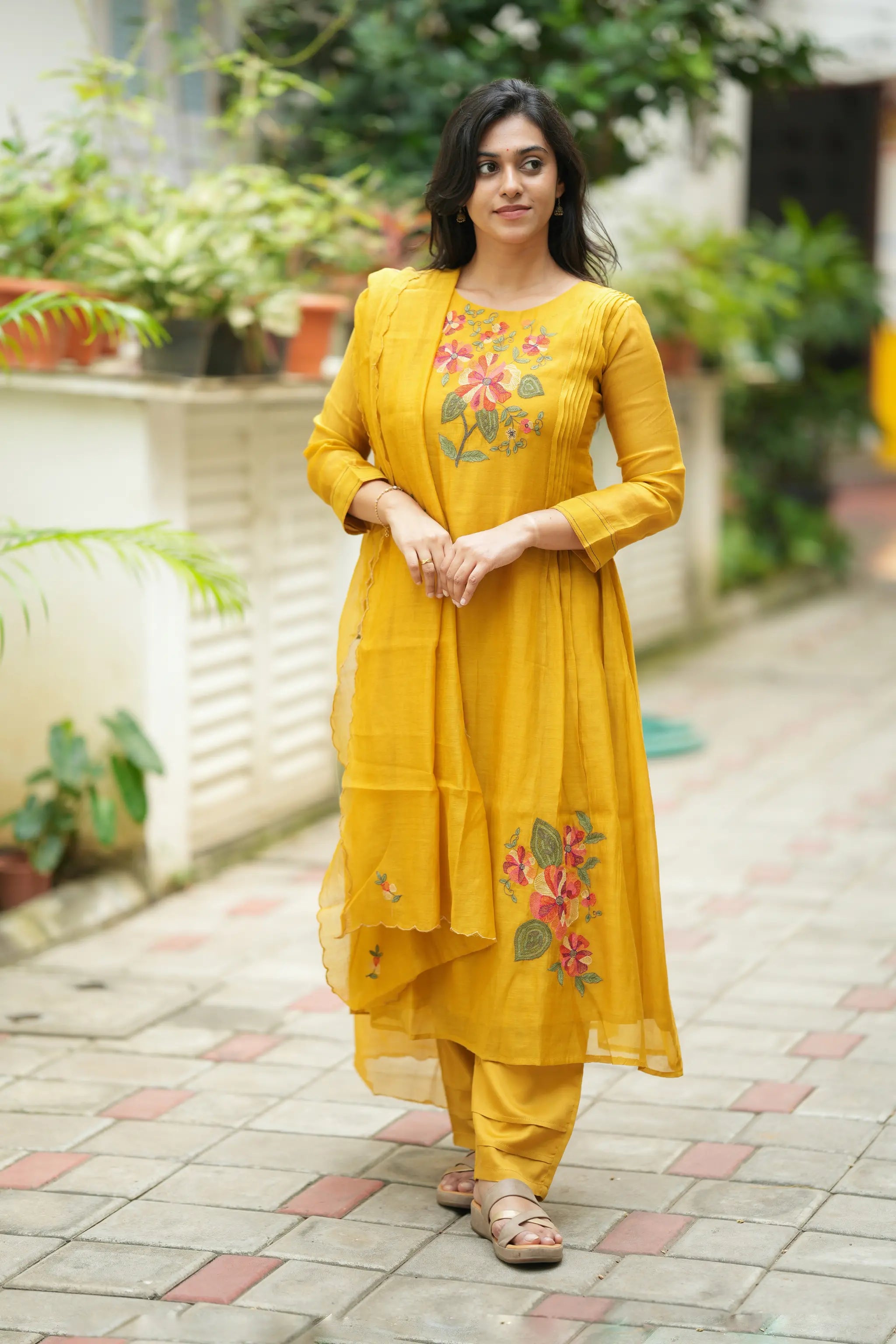 Yellow Floral Embroidered Mul Chanderi Suit Set