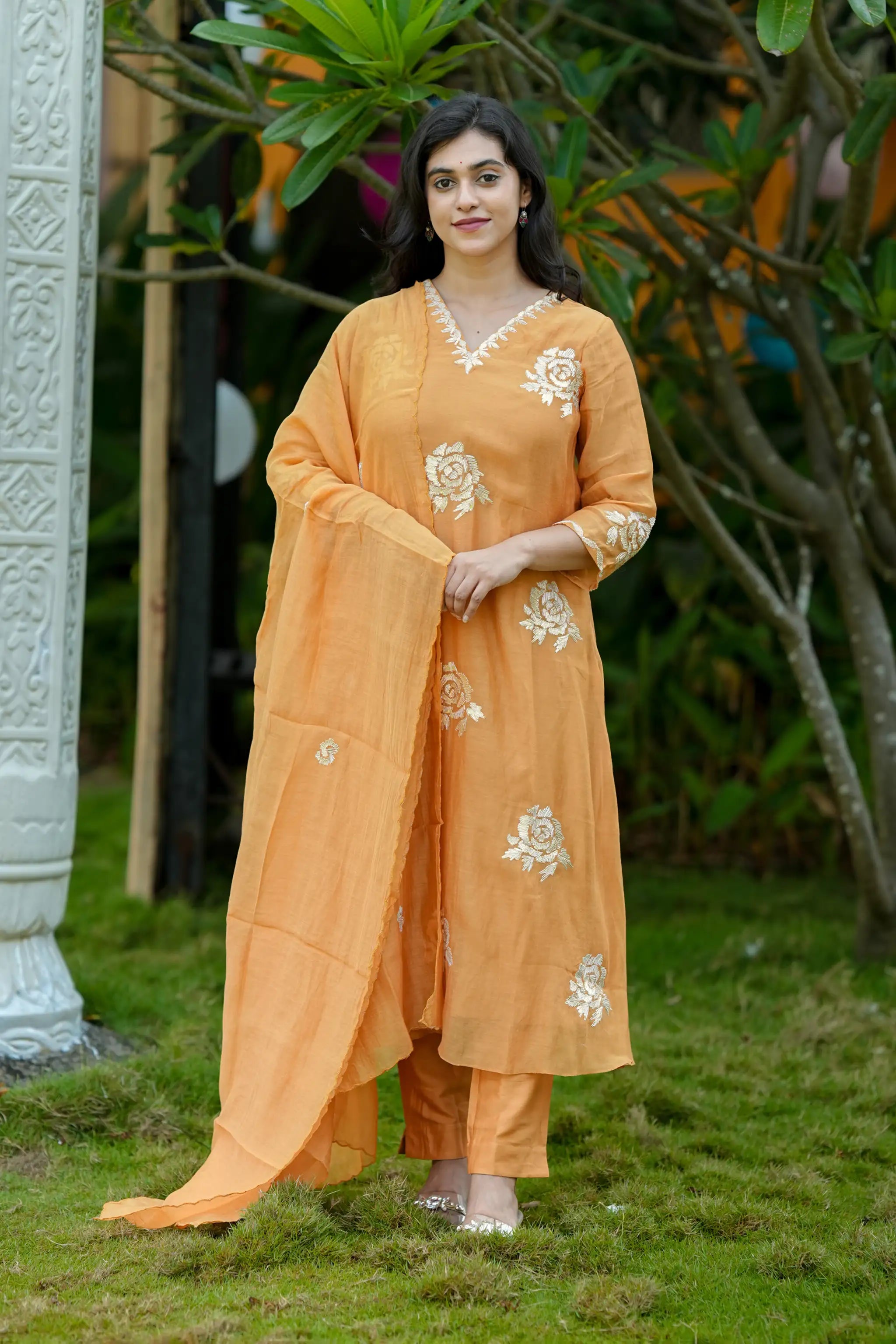 Yellow Gota Embroidered Mul Chanderi Suit Set