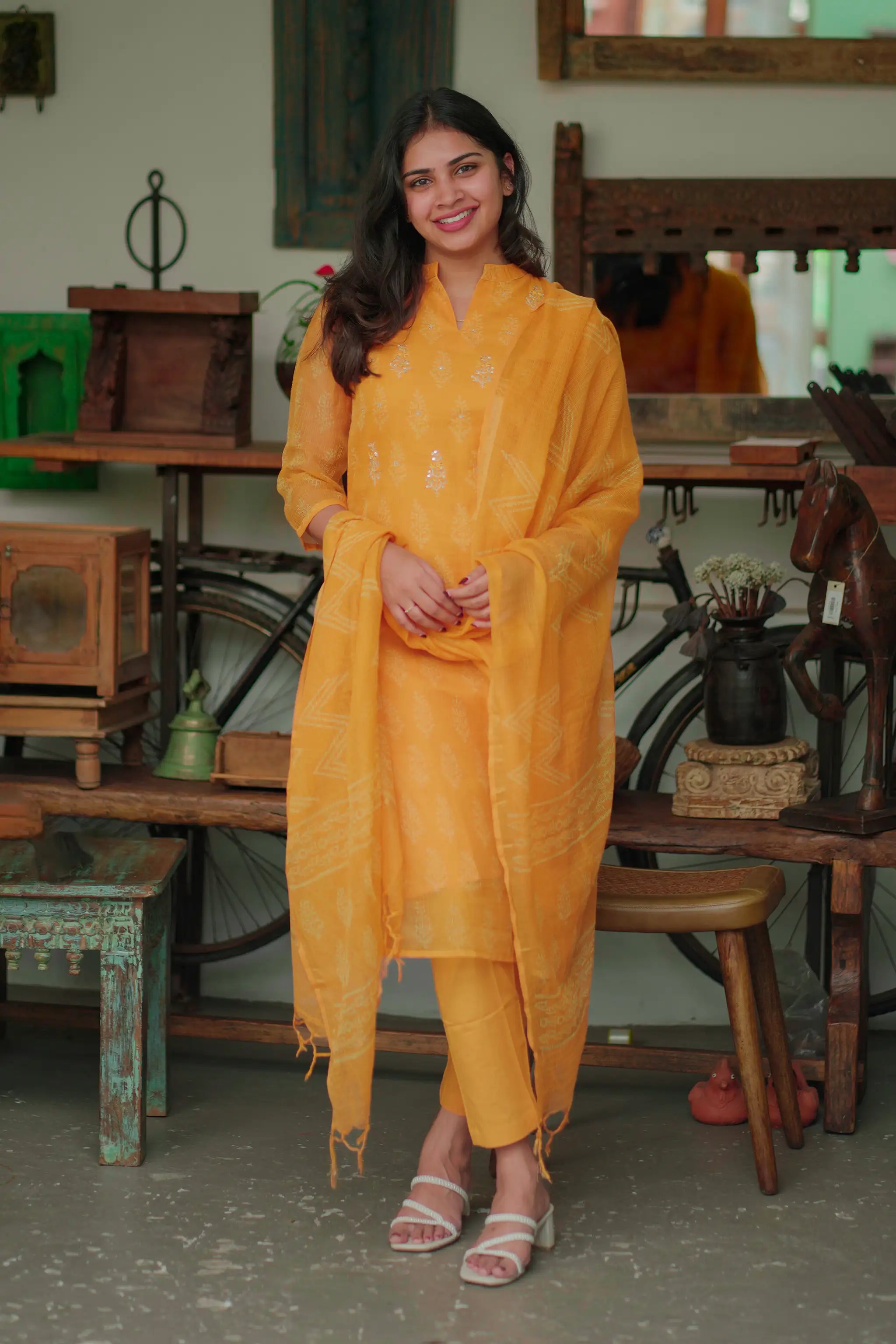 Yellow Hand Block Printed Sequins Embroidered Suit Set