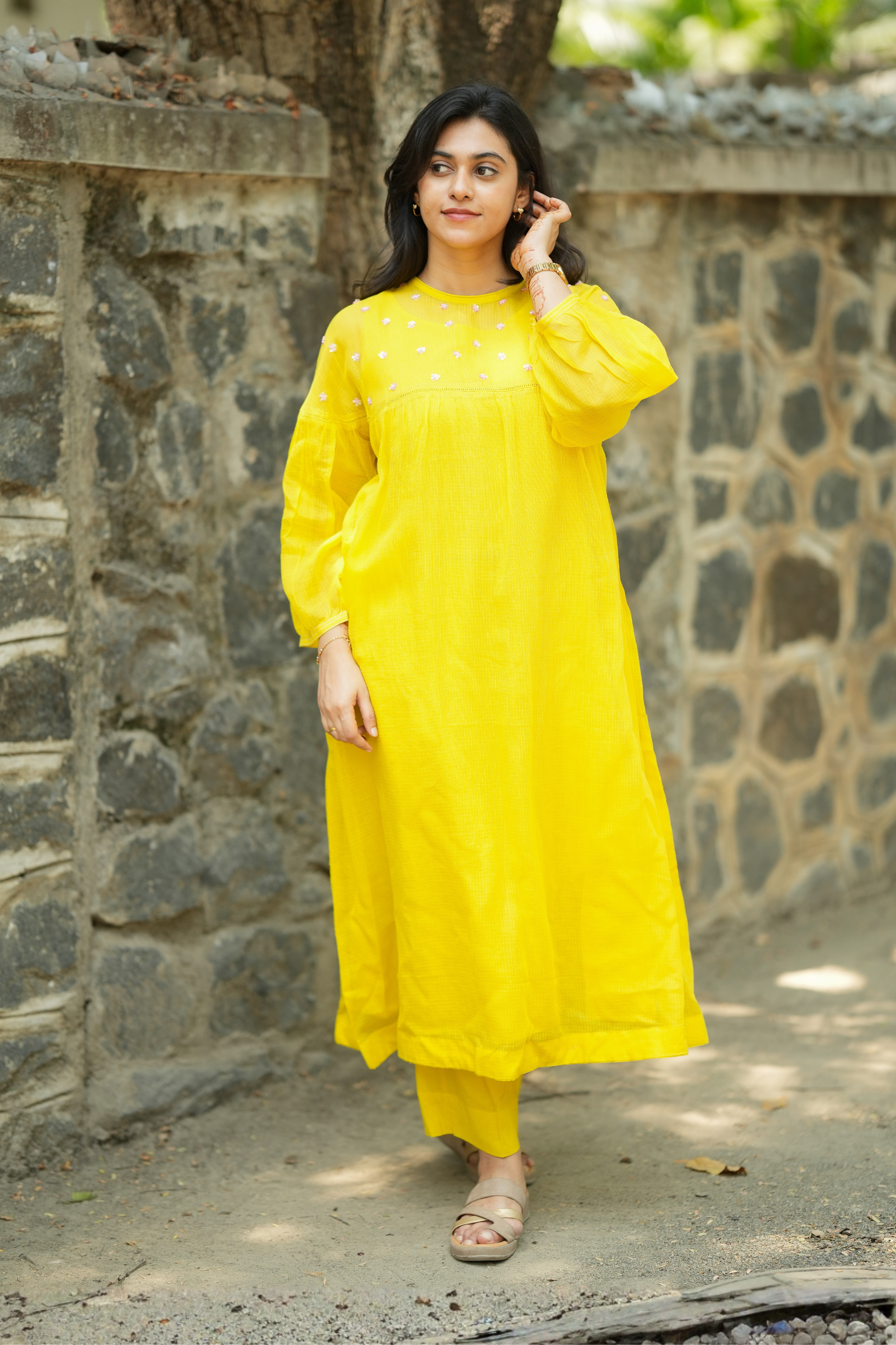 Yellow Sequins Embroidered Kota Kurti Set with Bell Sleeves & Cotton Pants 