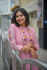 Pink Mul Chanderi A-Line Kurti with Embroidered Yoke & Sleeves