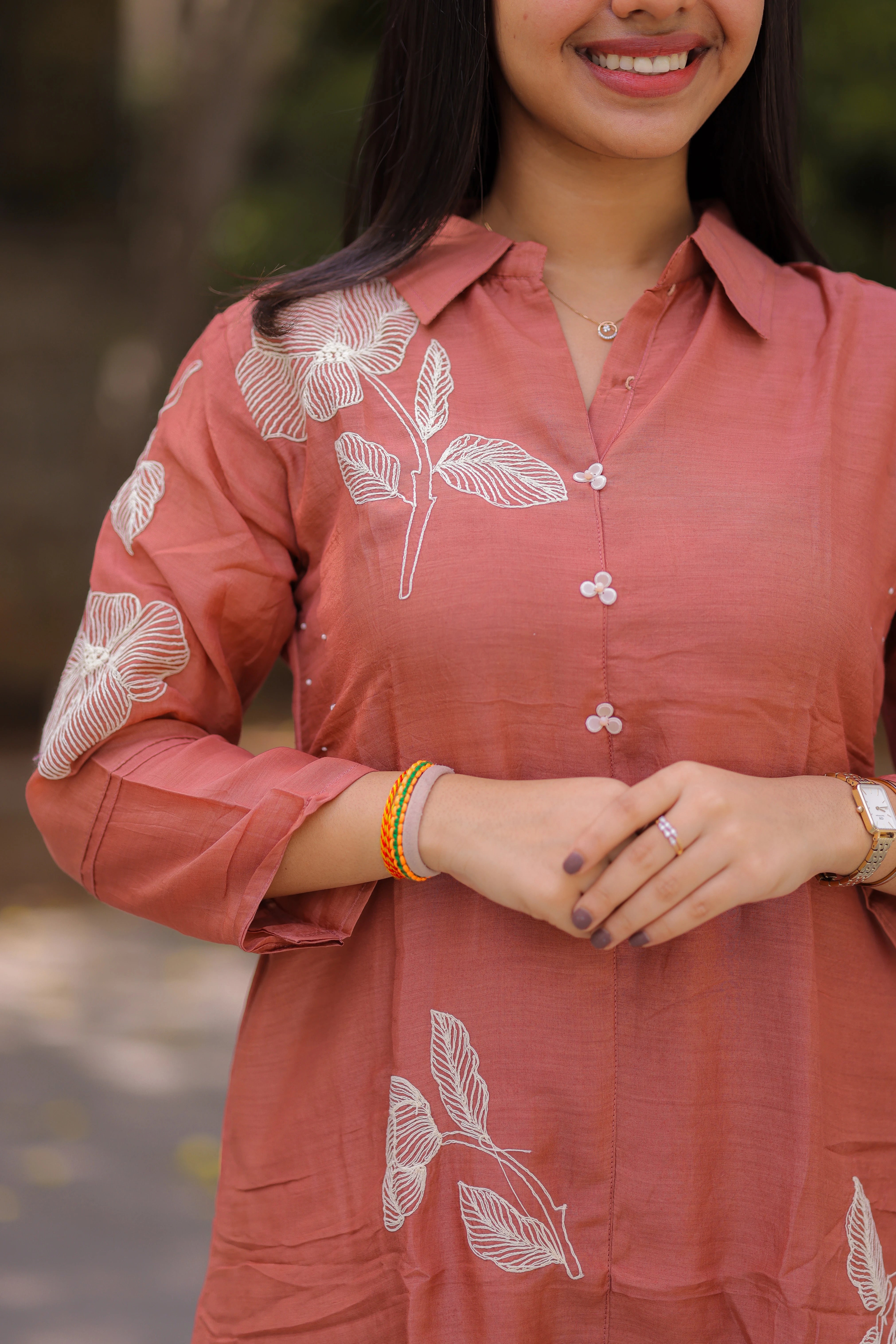Brown Mul Silk Thread Embroidery
