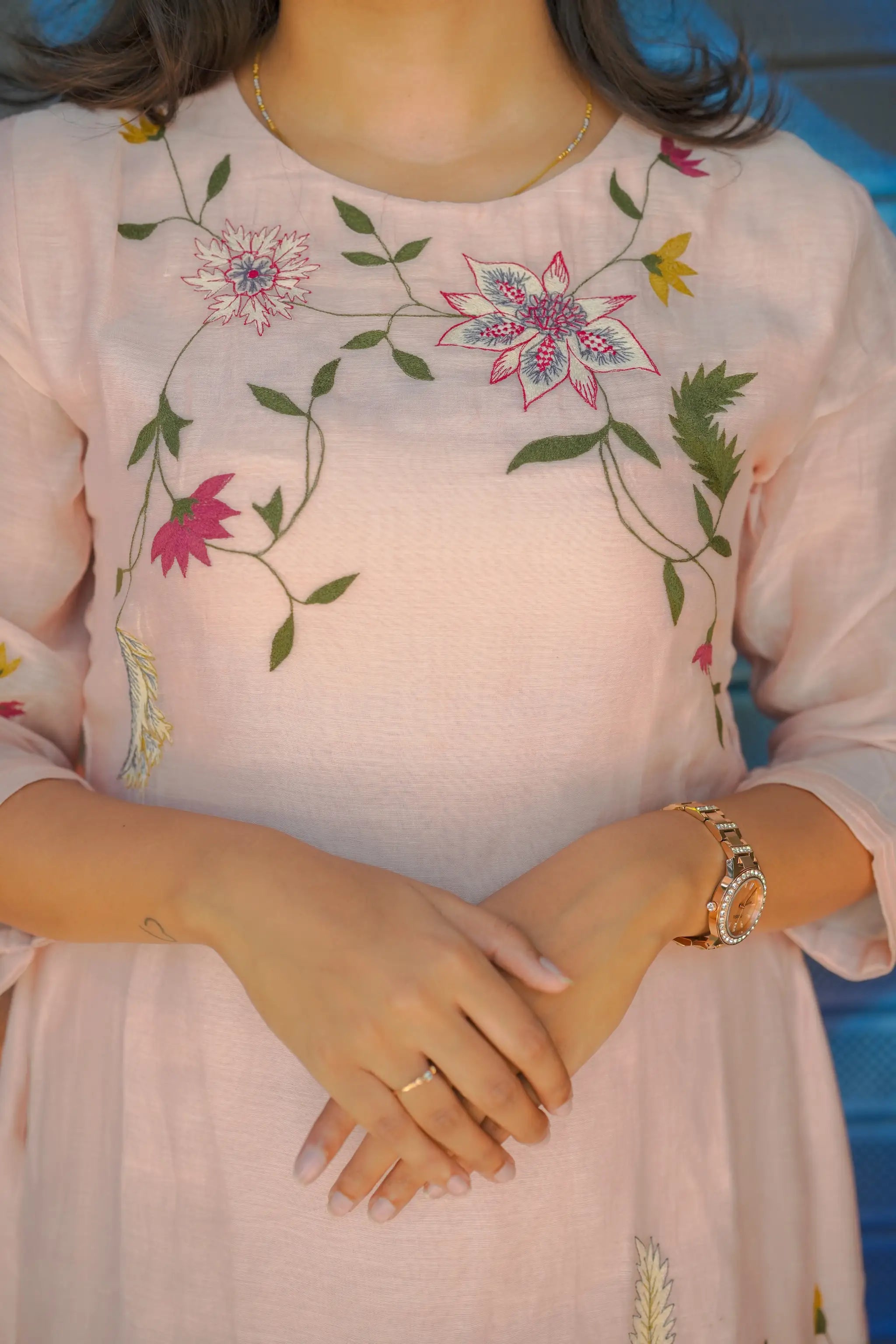 Beige A-Line Kurta Set with Floral Thread Embroidery