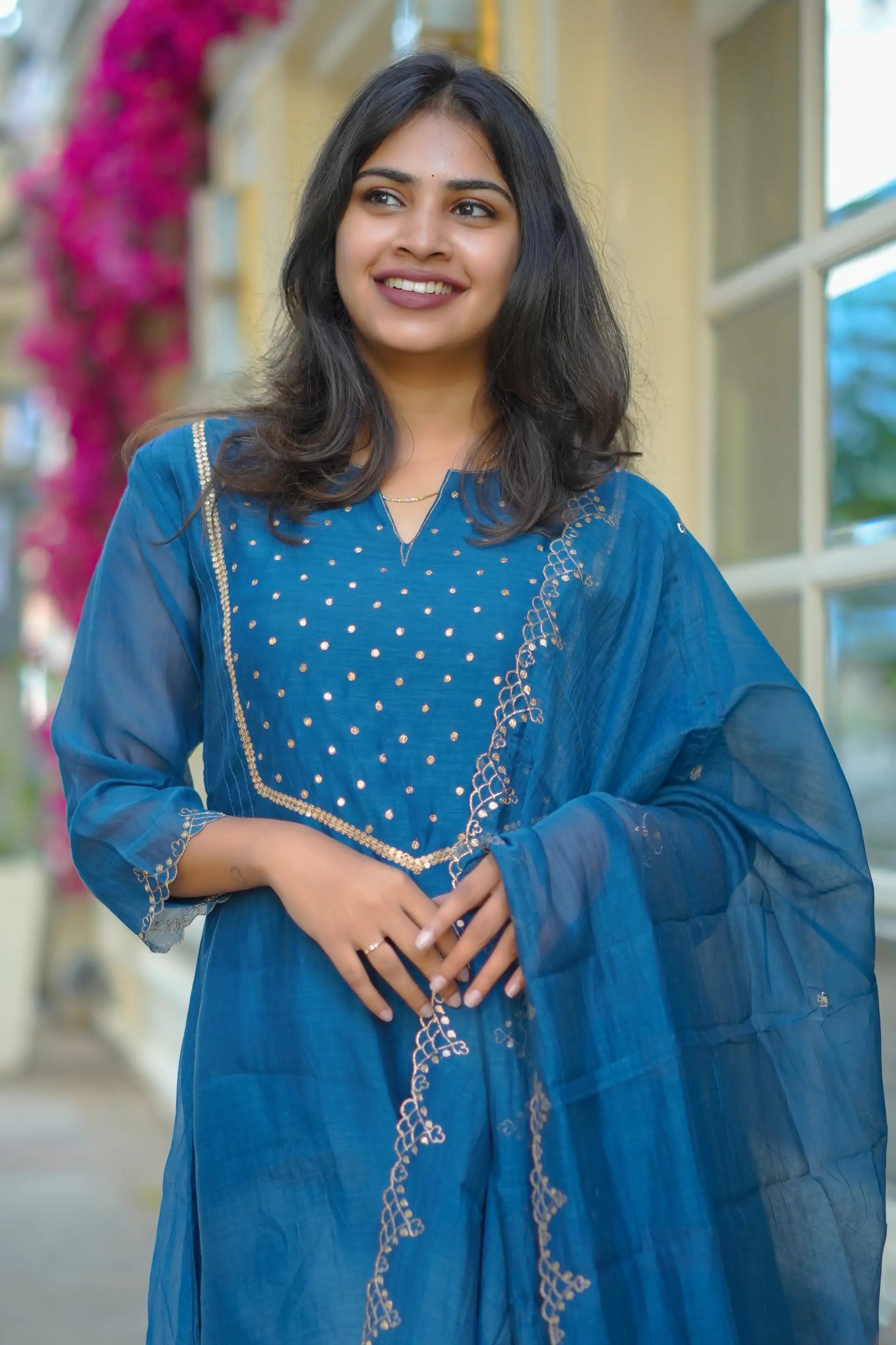 Blue A-Line Suit Set with Sequins and Zari Embroidery