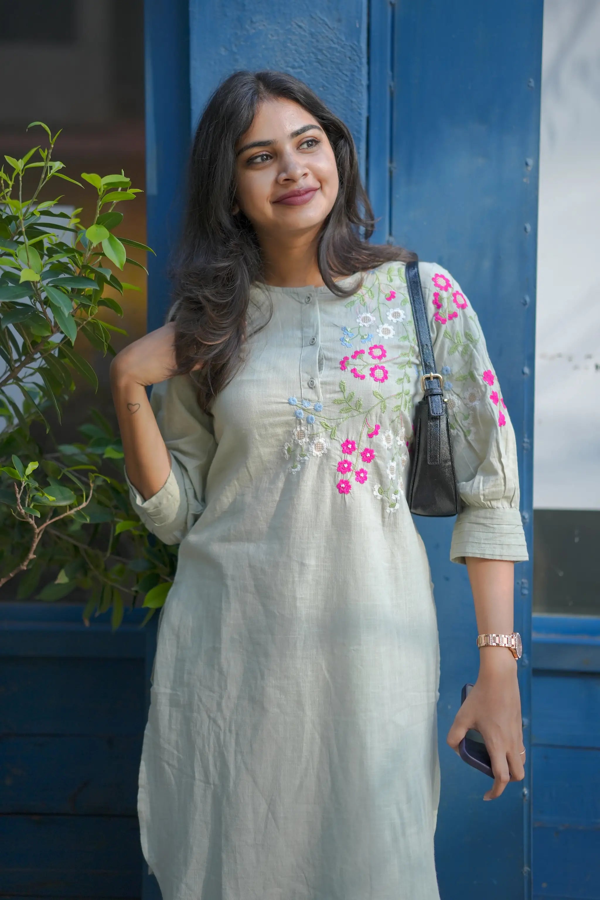 Grey Cotton Straight cut Kurti Set with Thread Embroidery