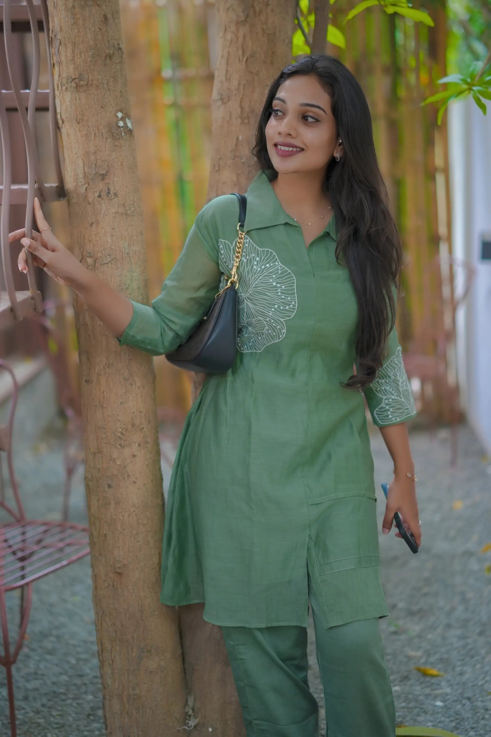 Olive Green Mul Chanderi Co-ord Set with Floral Pearl Embroidery