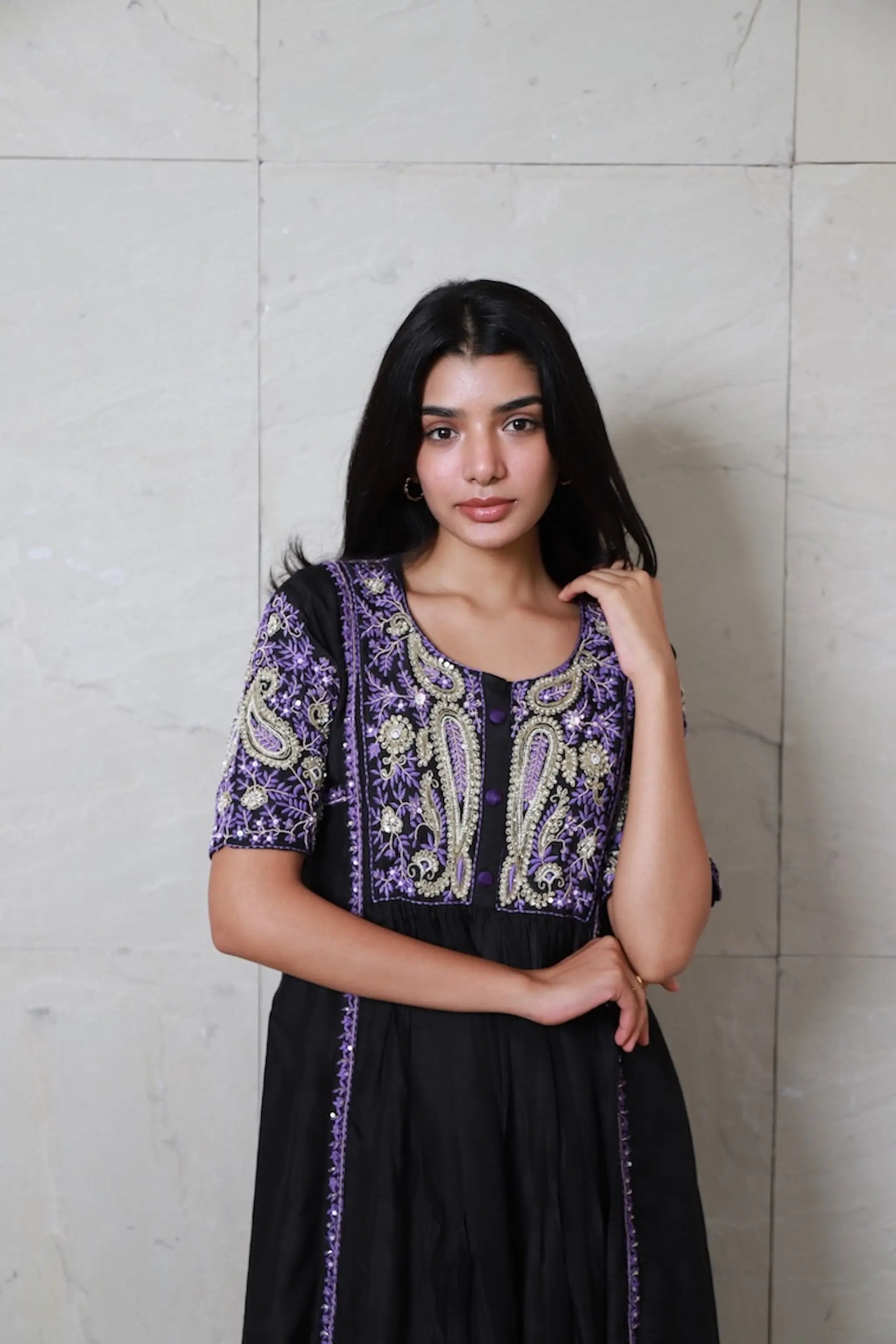 Black Silk Zardosi Embroidered Kurti Set with Pearl & Bead Work