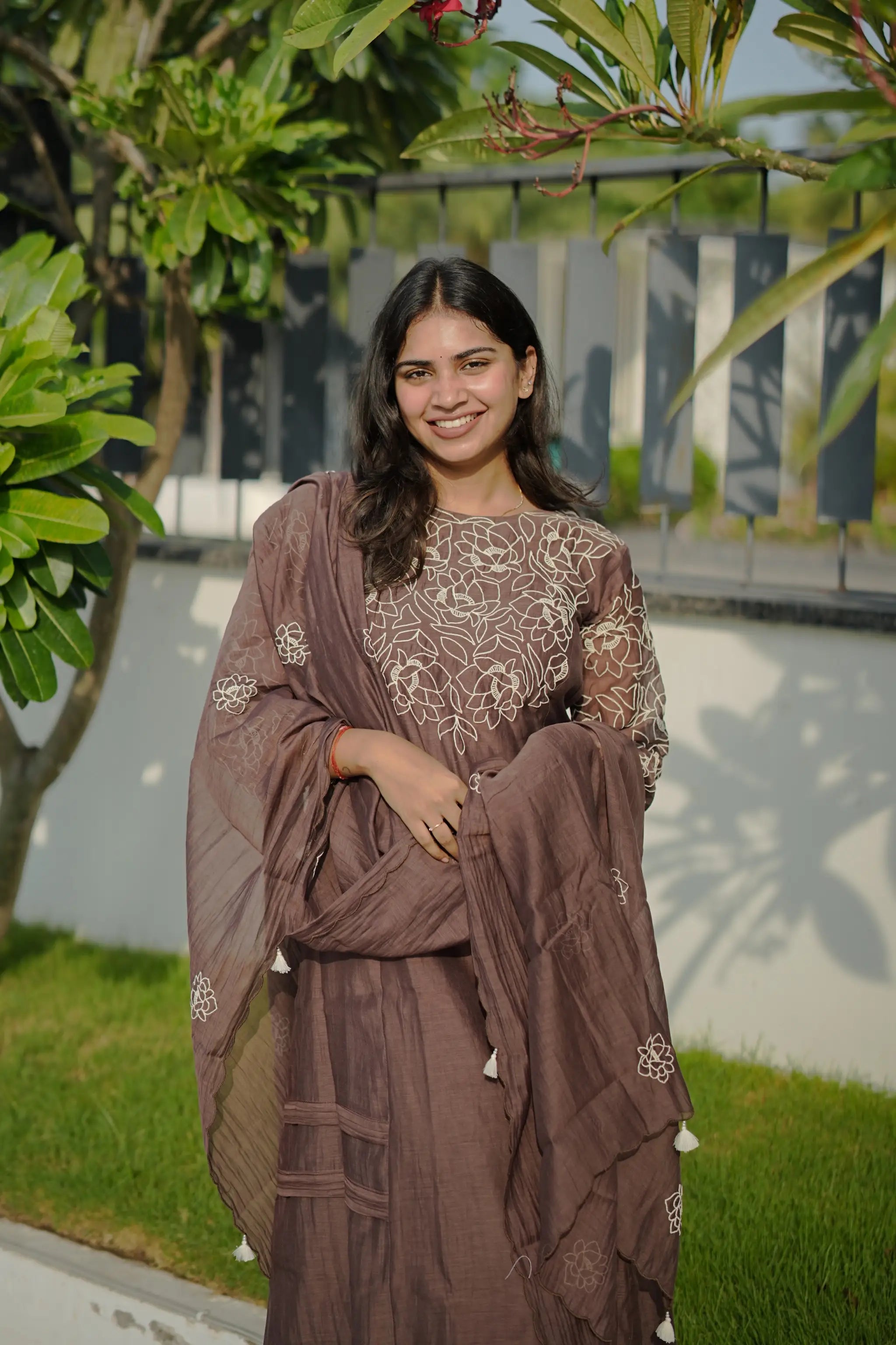 Brown Mul Chanderi Suit Set with Floral Embroidery & Dupatta | Women’s Ethnic Wear