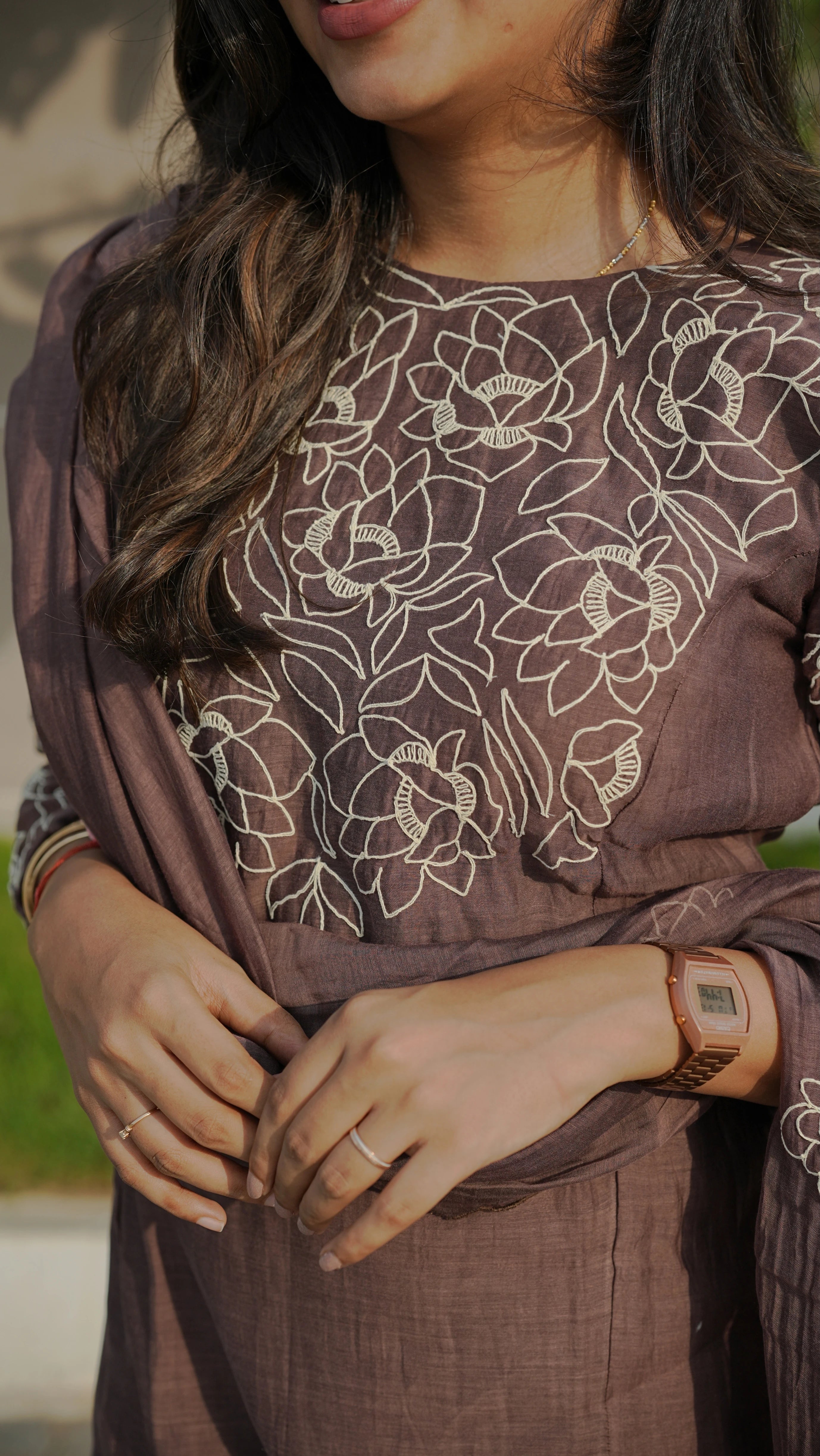 Brown Mul Chanderi Floral Embroidery