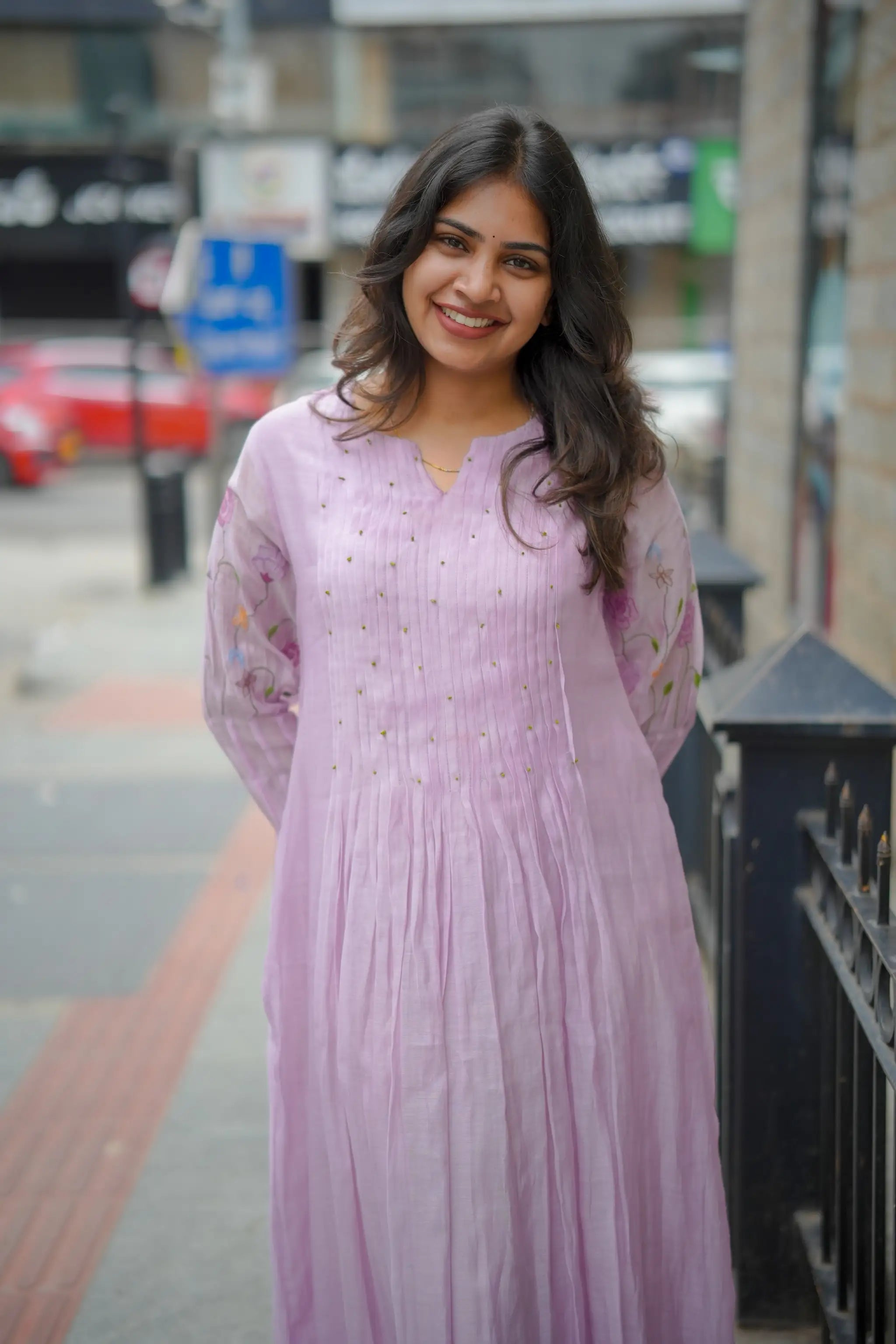 Lavender Mul Chanderi Kurti with Knot & Floral Embroidery