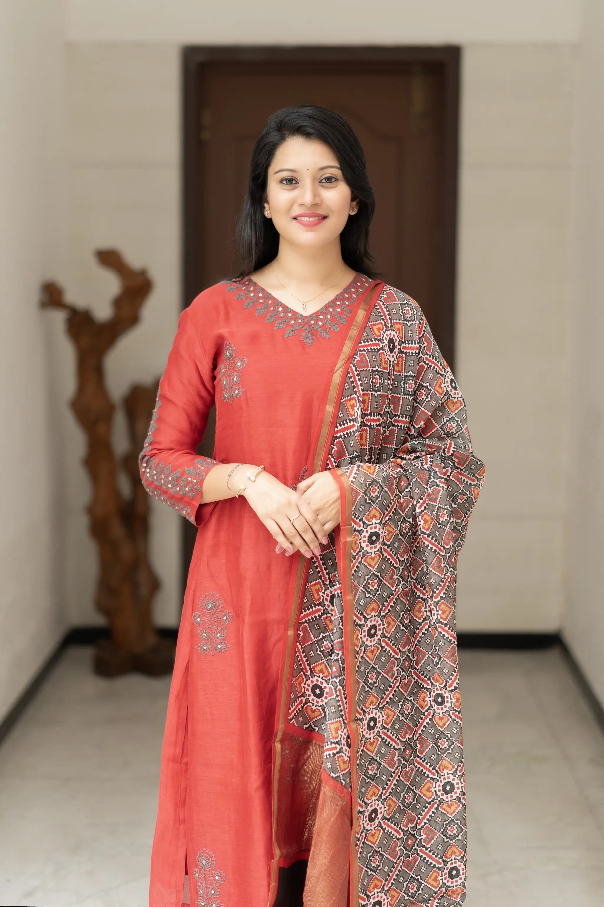 Maroon Mul Chanderi Sequin & Thread Embroidered Suit Set with Patola Silk Dupatta