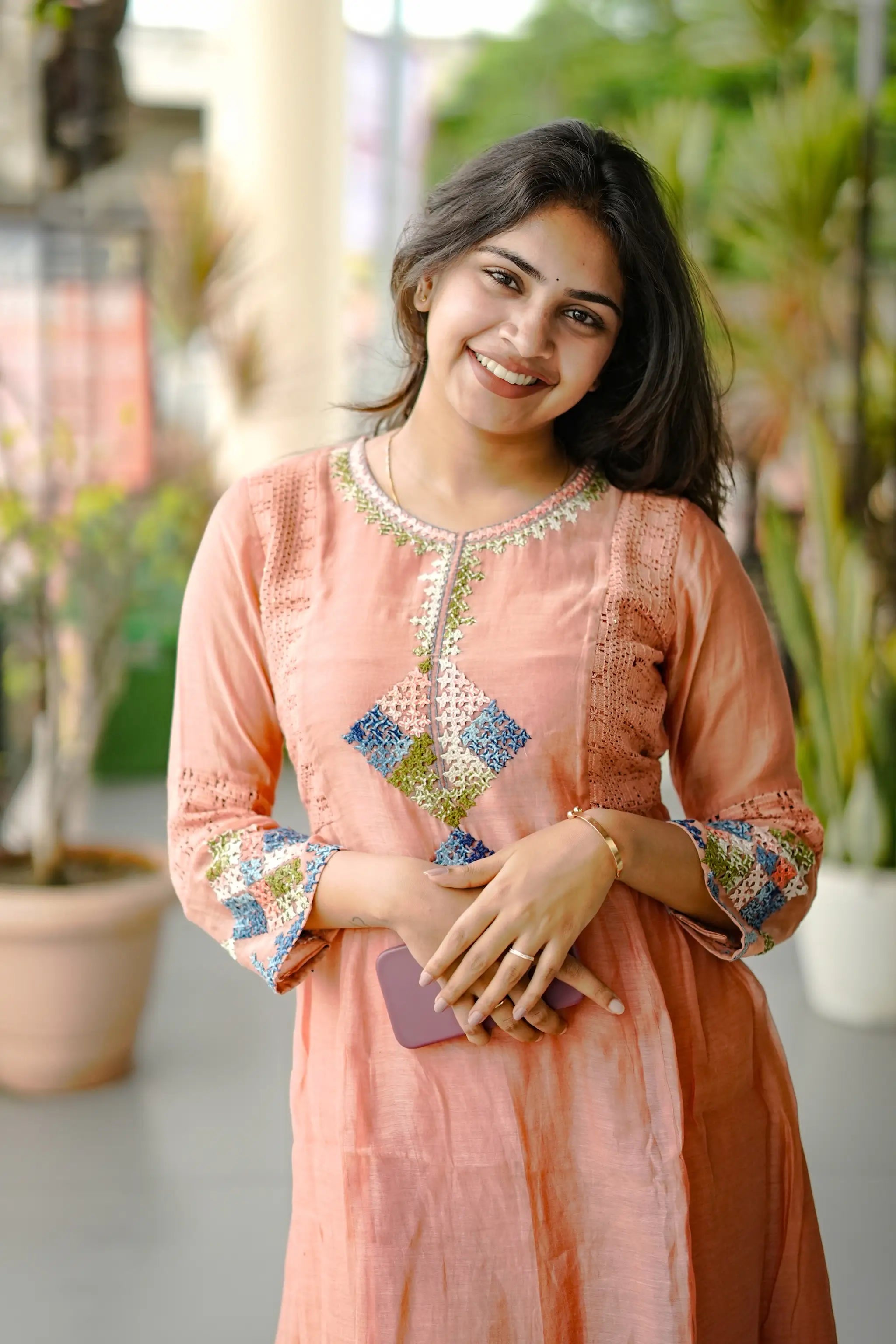 Peach Mul Chanderi Kurti with Kutch Embroidery & Lace Detailing