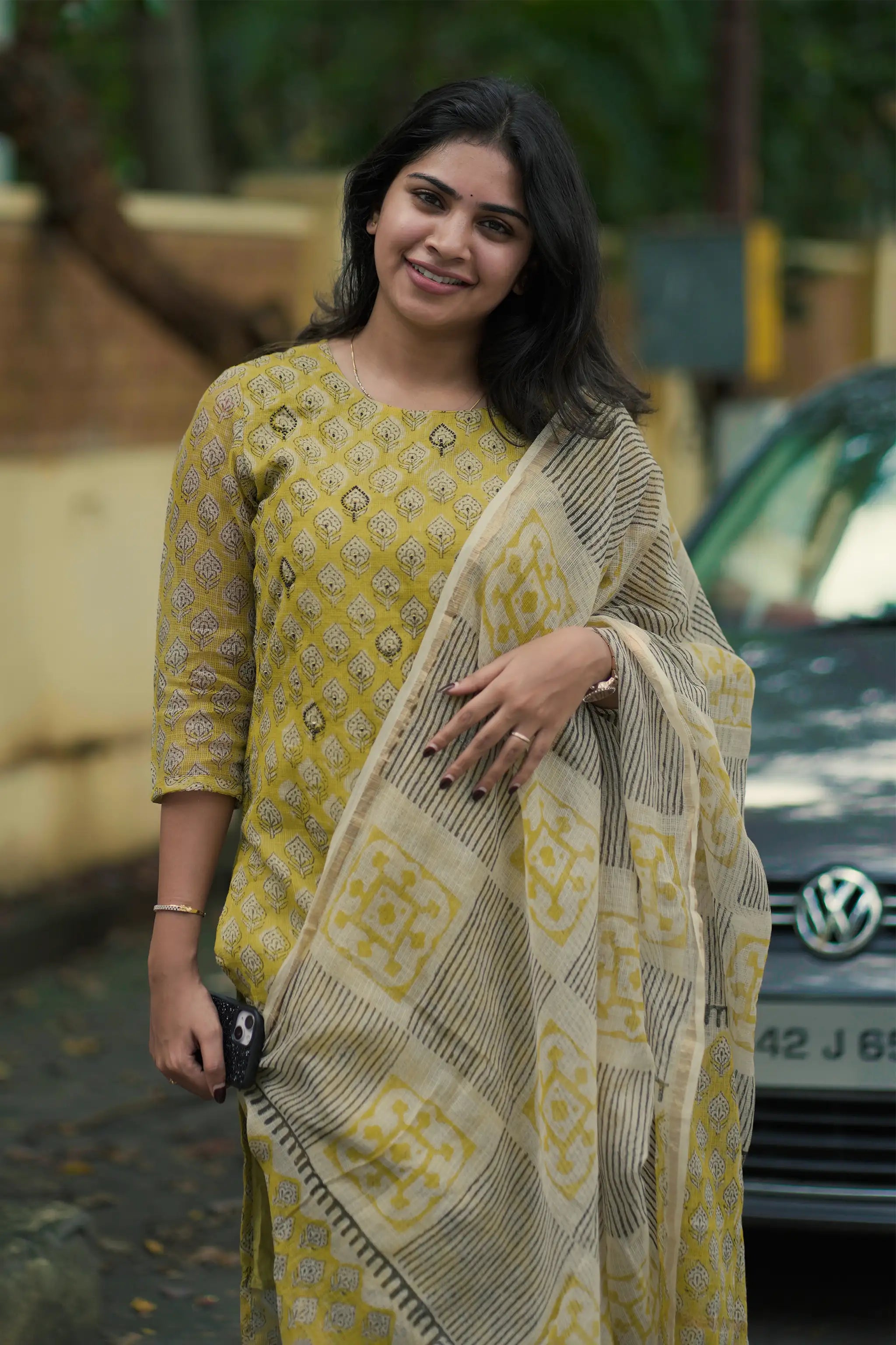 Yellow Kota Beads Embroidered Suit Set